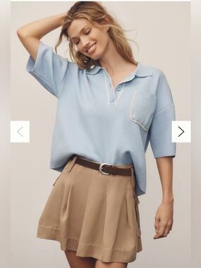 Maeve Anthropologie Blue Short Sleeve Sweater Polo Beaded Pocket NWT Size S